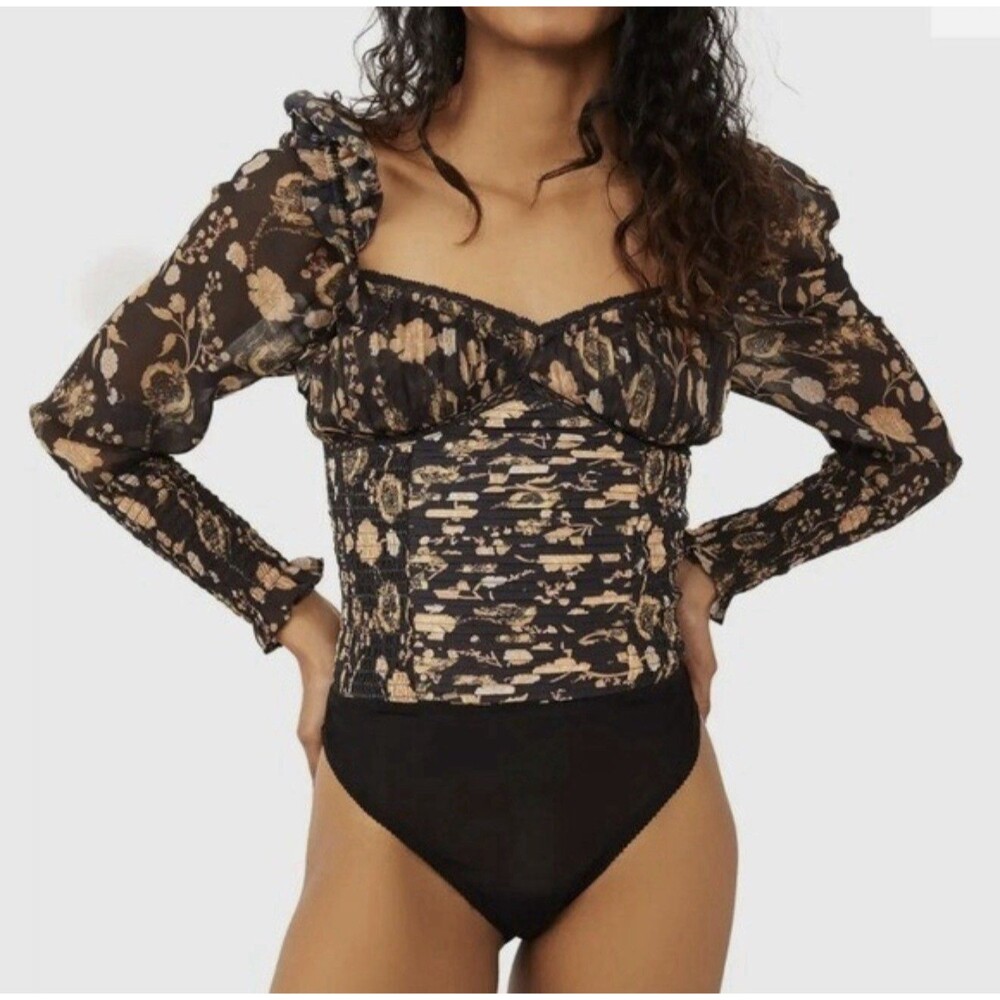 Free People Size S Brunch Date Smocked Floral Bodysuit Puff Sleeve Bohemian